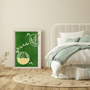Japansk vintage grön väggdekor, måsposter, japansk kusttryck, Taguchi Tomoki, zeninspirerad modern väggkonst, minimalistisk bild 3