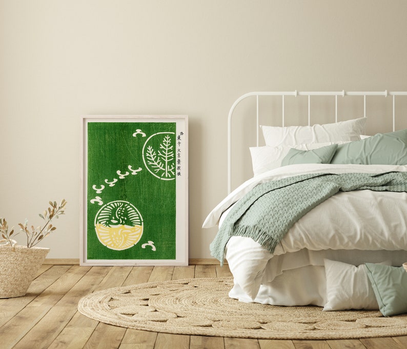 Japansk vintage grön väggdekor, måsposter, japansk kusttryck, Taguchi Tomoki, zeninspirerad modern väggkonst, minimalistisk bild 3