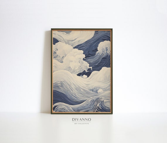 Japanese Sea Waves Art Print, Blue Seascape Canvas, Minimalist Ocean Wall Art, Zen Japandi Poster