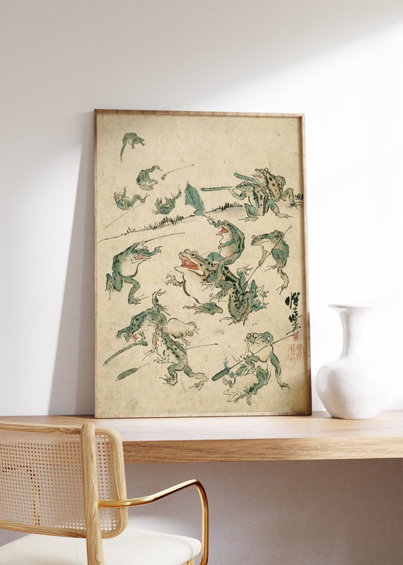 Japanese Frog Antique Print, Battle of Frogs Poster, Kawanabe