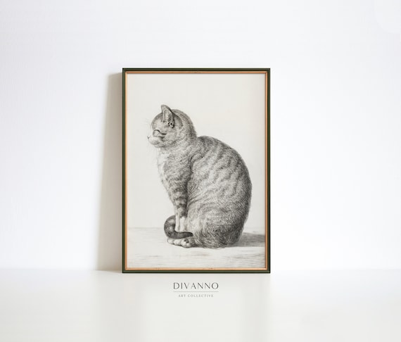 Vintage Cat Giclee Print, Monochrome Poster, Black and White Cat Sketch, Minimalist Wall Art, Cute Animal Drawing Canvas, Cats Lover Gift