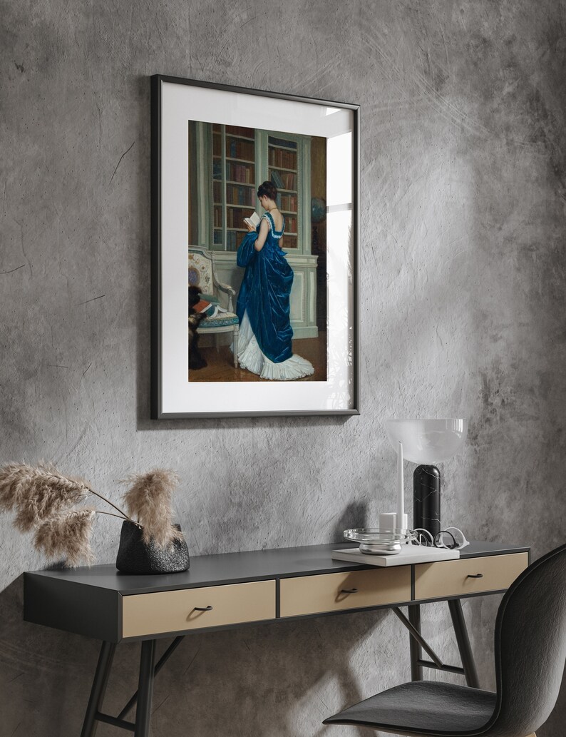 Porträtt av romantisk kvinna, viktoriansk dekor, elegant affisch, affisch med dam i blått, hobbycanvas, väggdekoration i bibliotek, giclée-tryck på konst bild 7