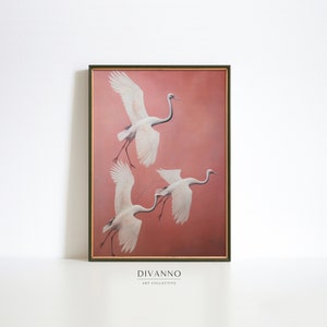 Rosa Kranich Druck, Fliegender Vogel Wandkunst, moderne Wanddekoration, minimalistische Wohnkultur, weiße Kraniche Leinwand, exotisches Poster, digital druckbares Geschenk