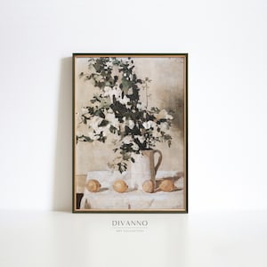 Impresión de pintura al óleo de flores de cítricos de cocina antigua, decoración de la pared de la granja, arte de pared imprimible rústico, cartel floral neutro, regalo de arte digital