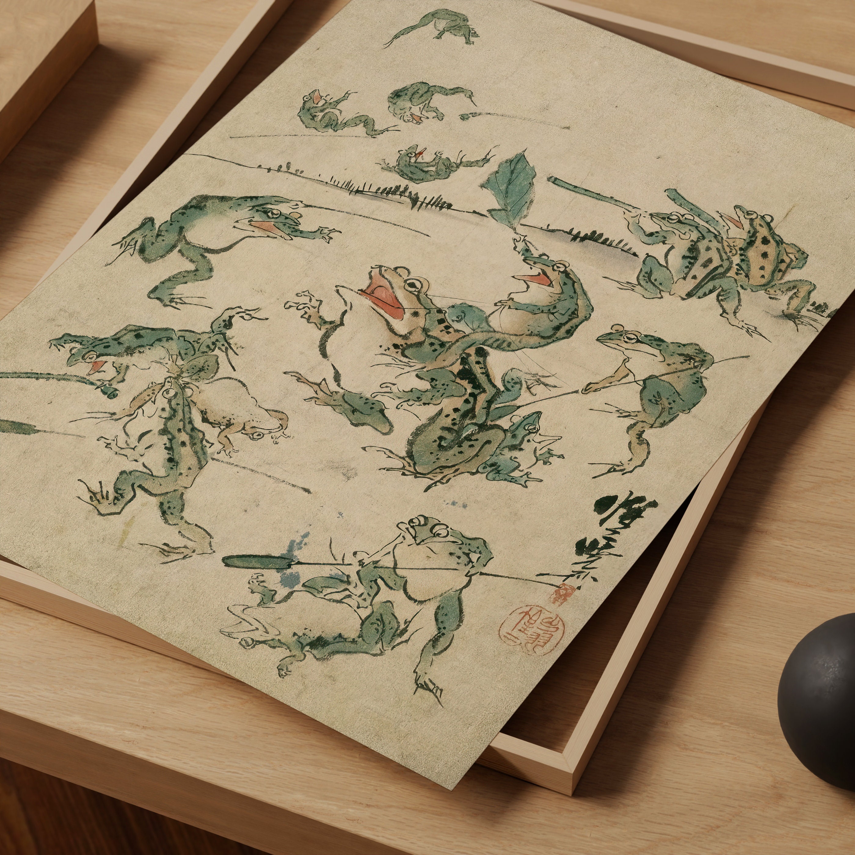 Japanese Frog Antique Print, Battle of Frogs Poster, Kawanabe