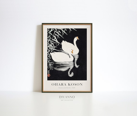 Japanese Swan Art Print, Swans and Reeds Ohara Koson Lake Art