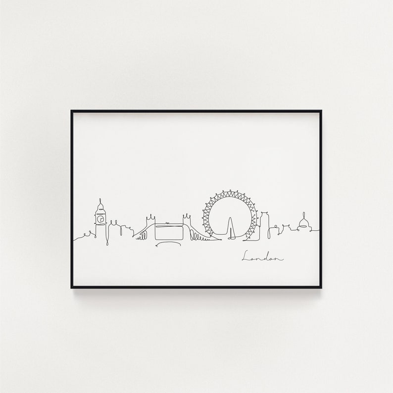 May include: A black and white line drawing of the London skyline, including Big Ben, the London Eye, and Tower Bridge. The drawing is labeled "London" at the bottom.