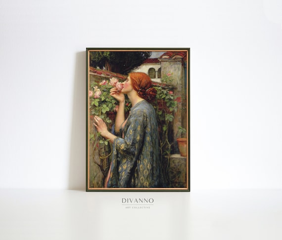 Soul of The Rose Print, Victorian Wall Decor, Antique Woman Portrait Painting Wall Art, Waterhouse Poster, Romantic Fine Art, Garden Canvas