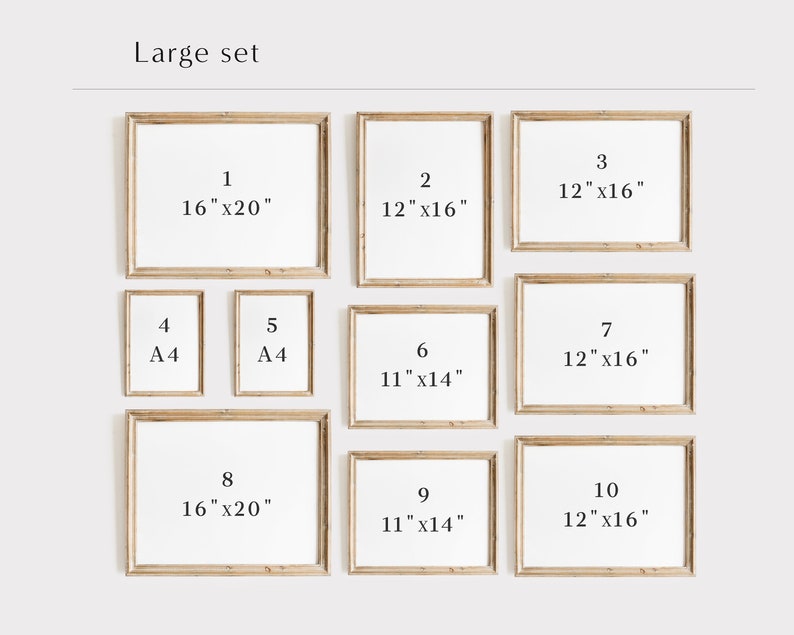 Pu&ograve; includere: Un set di 10 cornici per foto in legno chiaro. Le cornici sono disposte a griglia su una parete bianca. Le cornici sono numerate da 1 a 10 e includono misure in pollici. Le cornici sono di dimensioni diverse, la pi&ugrave; grande misura 16 pollici per 20 pollici e la pi&ugrave; piccola 11 pollici per 14 pollici.