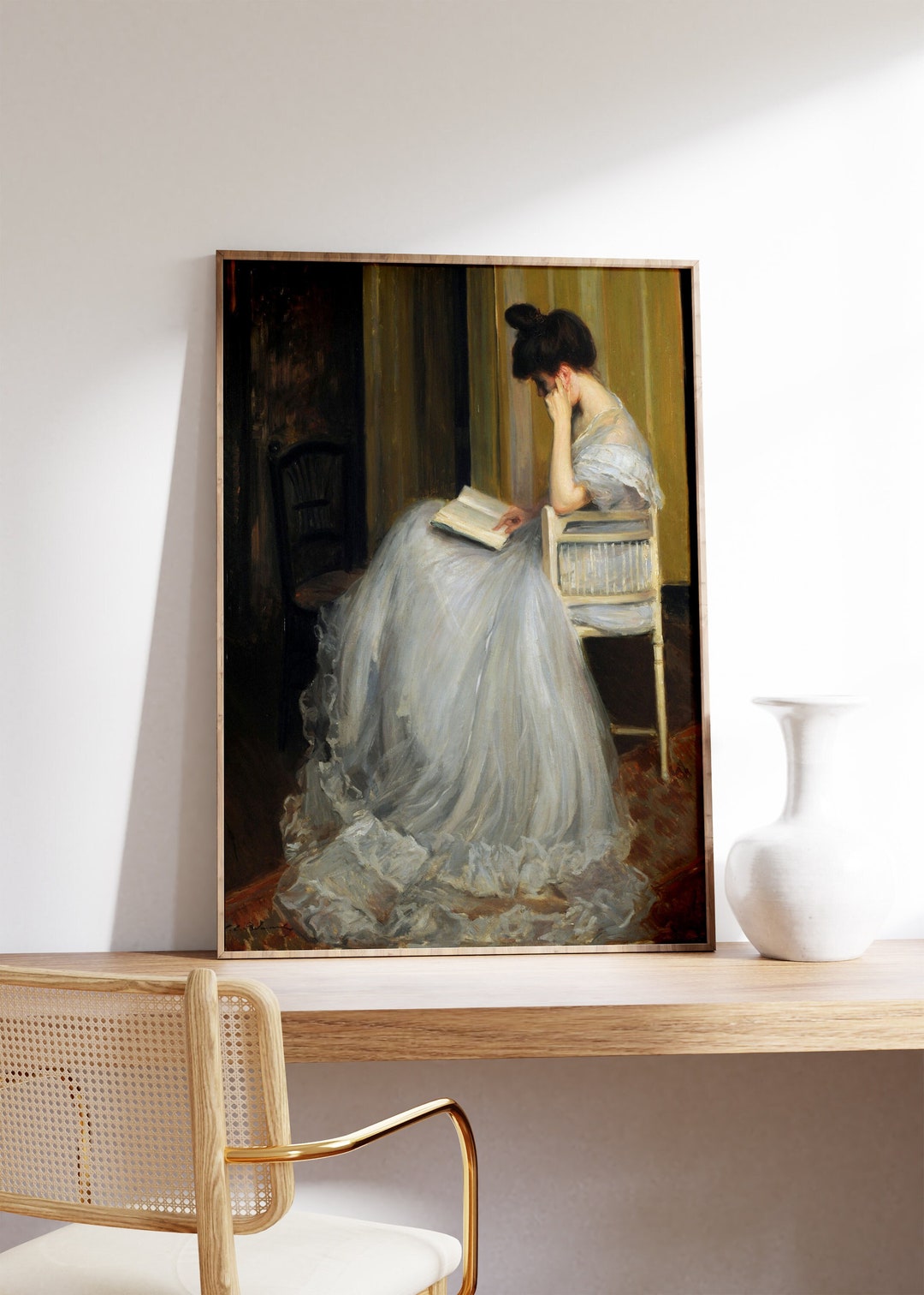 Woman Reading Antique Portrait Print, Elegant Lady in White, Victorian ...