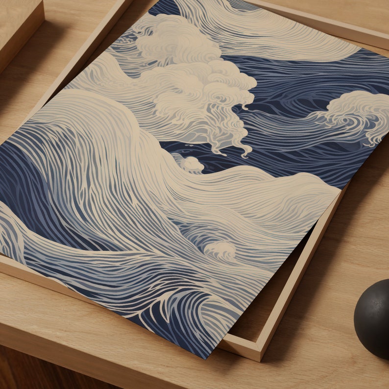 May include: A blue and white abstract print of stylized waves. The waves are drawn with fine lines and create a sense of movement and depth.