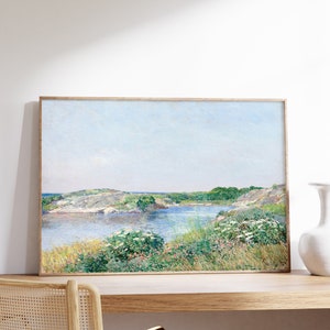 Appledore Pond Cottage Print, Arte de pared de pintura de campo americano vintage, lienzo de paisaje costero, cartel de la naturaleza junto al mar, decoración del hogar