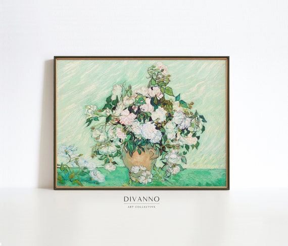 Van Gogh Roses Wall Decor, Romantic Flower Poster, Pink Roses on Green Botanical Canvas, Floral Fine Art Print, Gift Iconic Art Reproduction