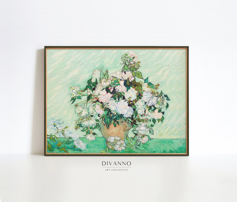 K&ouml;nnte beinhalten: Ein Gem&auml;lde einer Vase, gef&uuml;llt mit wei&szlig;en Rosen. Die Rosen sind in einem lebendigen Stil mit dicken Pinselstrichen gemalt. Der Hintergrund ist hellgr&uuml;n mit einem wirbelnden Muster. Das Gem&auml;lde ist in einem dunkelbraunen Rahmen gerahmt.