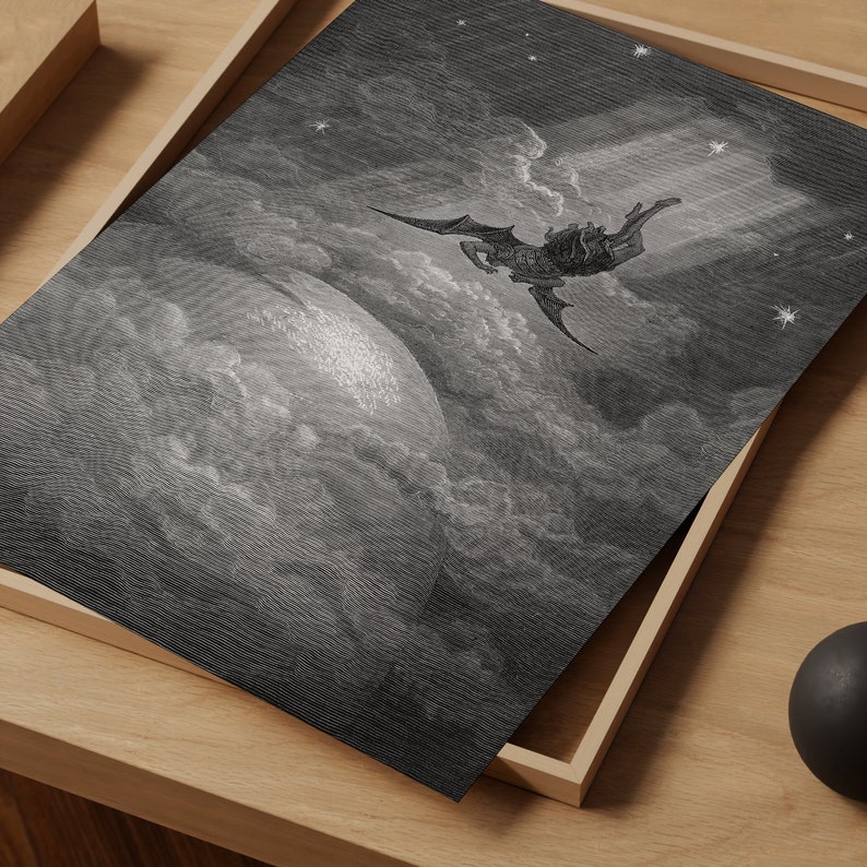 May include: A black and white engraving of a winged figure falling from the sky. The figure is surrounded by clouds and stars. The figure is falling towards a large, round object that appears to be a planet or moon.