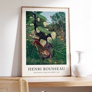 Rousseau Tiger Fight Wall Art, Vintage Jungle imprimible, lienzo de pintura verde, impresión de arte animal, cartel del bosque tropical, decoración del hogar francés
