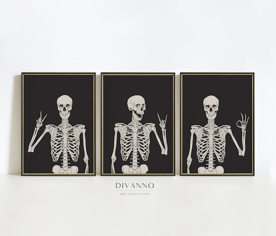 Skeletons Party Set of 3 Prints, Halloween Wall Art, Funny Skeleton Poster Gallery, Modern Apartment Wall Decor, Minimalist Art, Gift Idea
