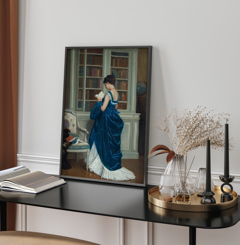 Porträtt av romantisk kvinna, viktoriansk dekor, elegant affisch, affisch med dam i blått, hobbycanvas, väggdekoration i bibliotek, giclée-tryck på konst bild 2