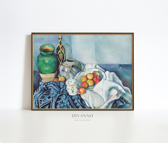 Blue Kitchen Wall Decor, Carafe and Dish with Apple Fruit Painting Cezanne Print, Still Life Poster, Food Canvas, Museum-Quality Art Gift