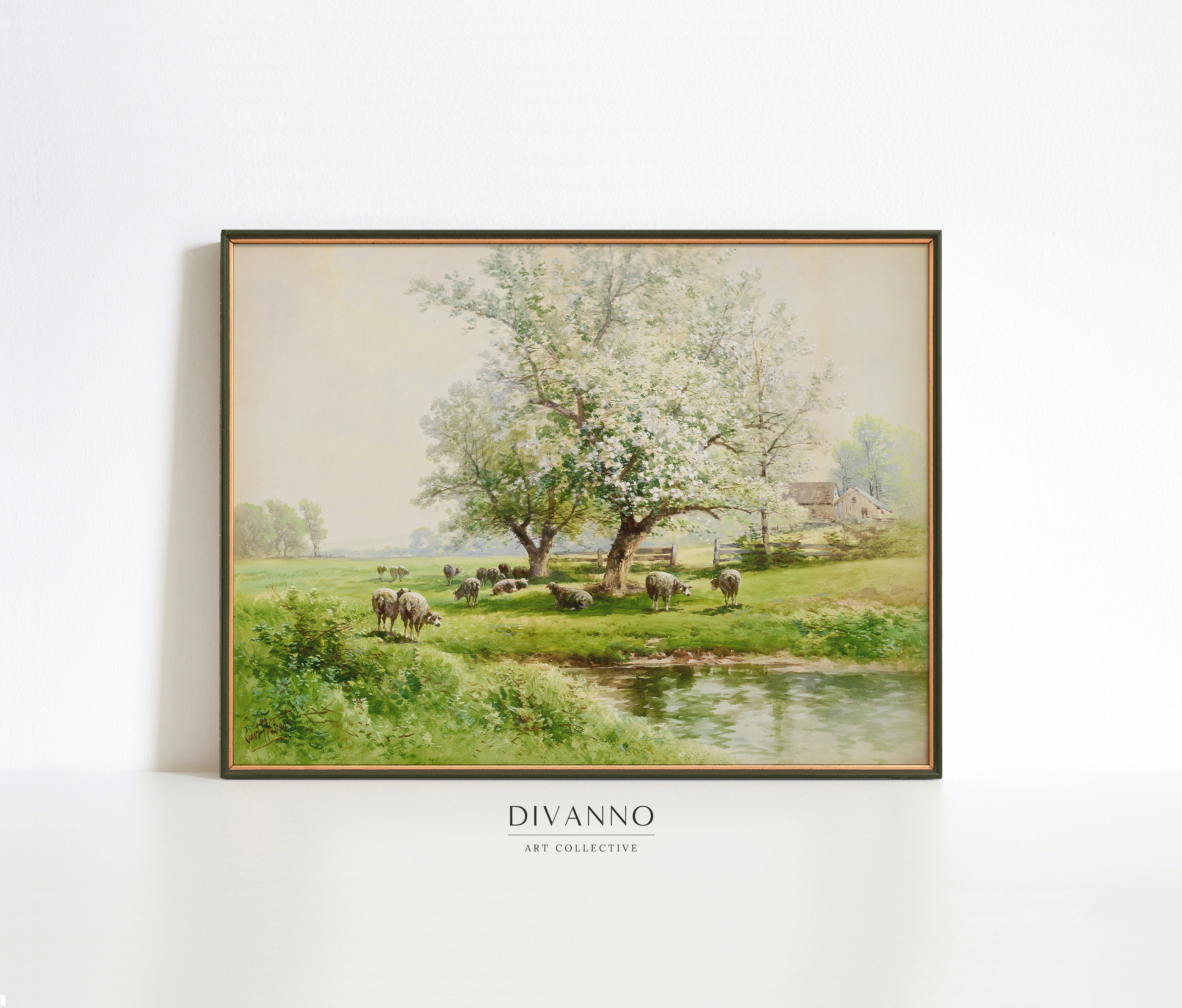 Spring Landscape Painting Print, Meadow Blossom Tree Poster, Farmhouse Country Field Wall Art, Wildflower Canvas, Rustic Nature Printable