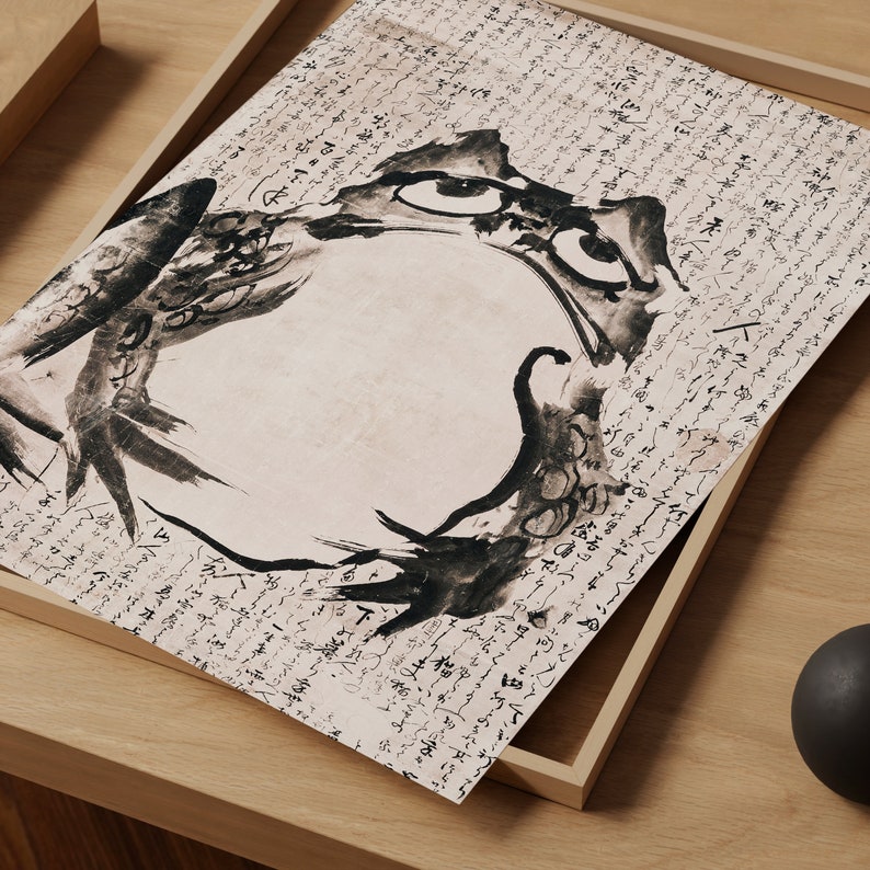 Grumpy Frog Poster, Japanese Print Moody Frog, Vintage Wall Decor, Japan Wall Art, Modern Art, Asian Animal Print, Wabi Sabi, Digital Art image 2