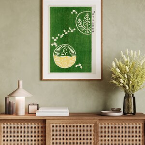 Japansk vintage grön väggdekor, måsposter, japansk kusttryck, Taguchi Tomoki, zeninspirerad modern väggkonst, minimalistisk bild 8