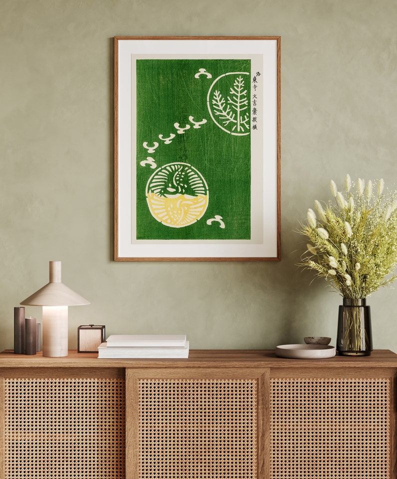 Japansk vintage grön väggdekor, måsposter, japansk kusttryck, Taguchi Tomoki, zeninspirerad modern väggkonst, minimalistisk bild 8