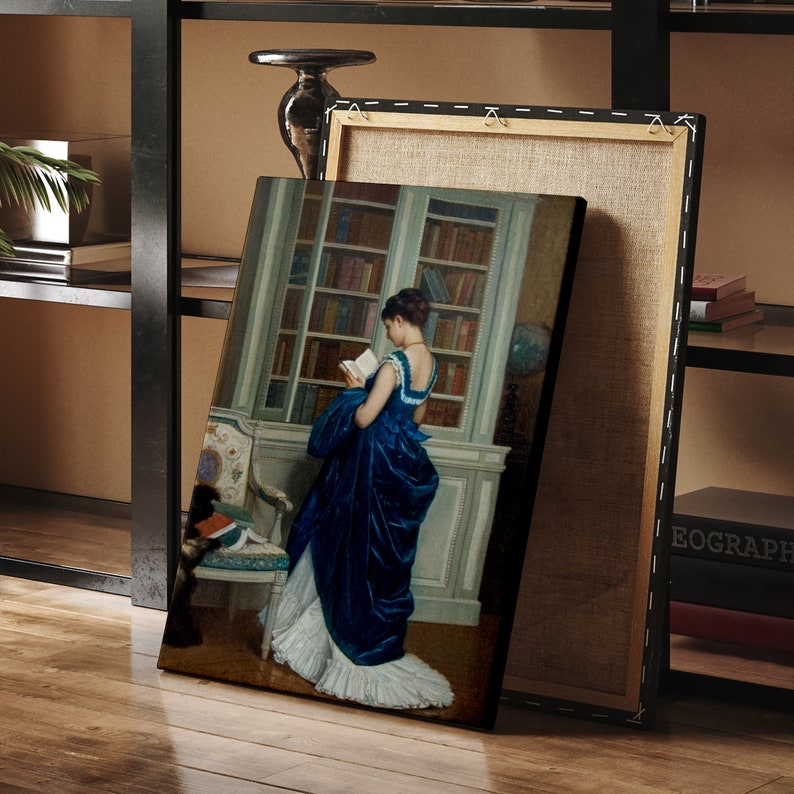 Porträtt av romantisk kvinna, viktoriansk dekor, elegant affisch, affisch med dam i blått, hobbycanvas, väggdekoration i bibliotek, giclée-tryck på konst bild 6