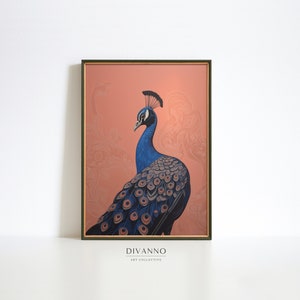 May include: A framed illustration of a blue peacock with a pink background. The peacock is facing to the right and has its tail feathers spread out. The background is a soft pink with a swirling pattern.