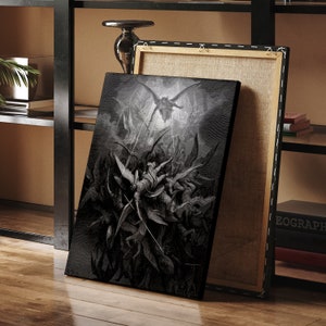 May include: A black and white canvas print depicting a scene from the biblical story of the fall of Lucifer. The print shows a group of angels falling from heaven, with Lucifer at the centre.