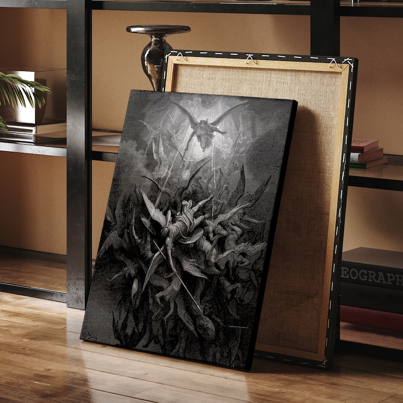 May include: A black and white canvas print depicting a scene from the biblical story of the fall of Lucifer. The print shows a group of angels falling from heaven, with Lucifer at the centre.