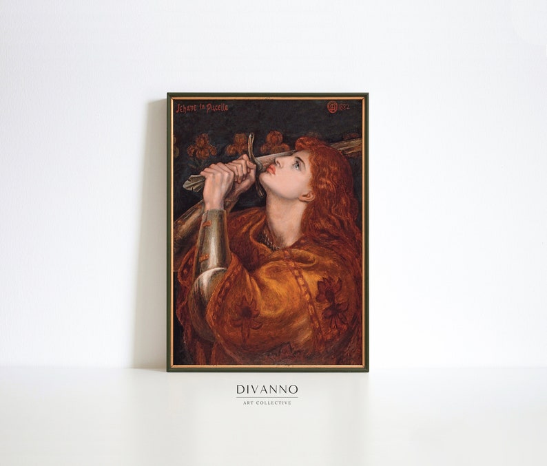 May include: A painting of a woman in armor holding a sword, looking up at the sky. The woman has long red hair and is wearing a brown and gold tunic. The painting is set against a dark background with a few flowers in the corner.