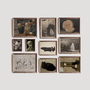 Halloween 10er-Set Prints, Moody Gothic Gallery, schwarze Katze Wanddekoration, Kürbis Malerei, Lustiges Skelett Poster, Geist Leinwand, Dark Academia