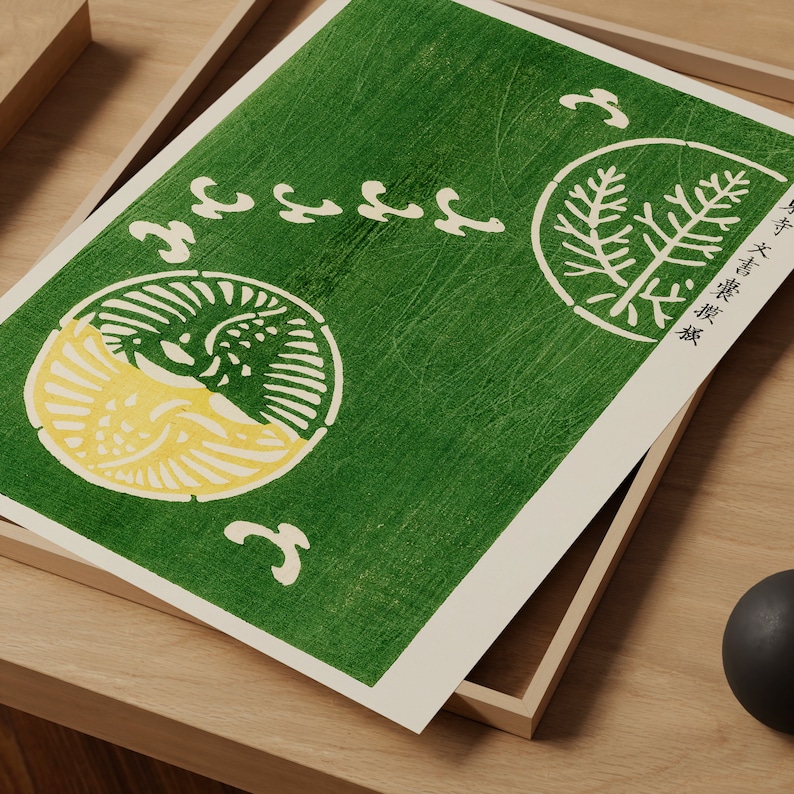 Japansk vintage grön väggdekor, måsposter, japansk kusttryck, Taguchi Tomoki, zeninspirerad modern väggkonst, minimalistisk bild 2