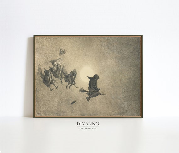 Witches Ride Poster, Antique Spooky Wall Art, Gothic Drawing, Dark Moody Wall Art, Moonlight Art Canvas, Halloween Wall Decor, Digital Art