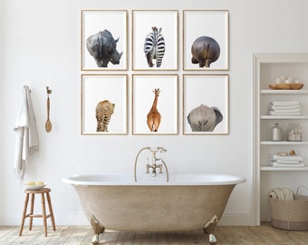 Funny Toilet Art Set of 6, Safari Animal Butt Prints, Instant Download Bundle