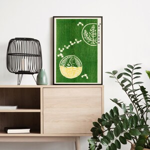 Japansk vintage grön väggdekor, måsposter, japansk kusttryck, Taguchi Tomoki, zeninspirerad modern väggkonst, minimalistisk bild 6