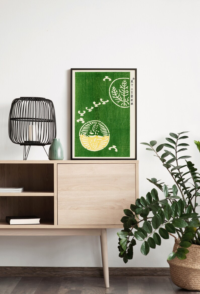 Japansk vintage grön väggdekor, måsposter, japansk kusttryck, Taguchi Tomoki, zeninspirerad modern väggkonst, minimalistisk bild 6