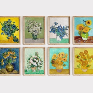 Conjunto de 8 estampados de flores, cartel de girasol botánico de pintura de Van Gogh, arte de pared de la galería Iris, lienzo de rosas, decoración floral moderna del hogar, digital