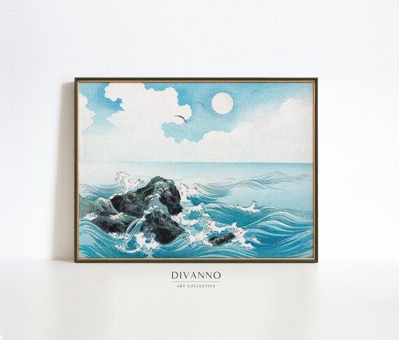 Japanese Turbulent Sea Poster, Asian Ocean Wave Wall Art, Museum Quality Giclee Print, Coastal Blue Canvas, Beach House Decor, Gift Idea