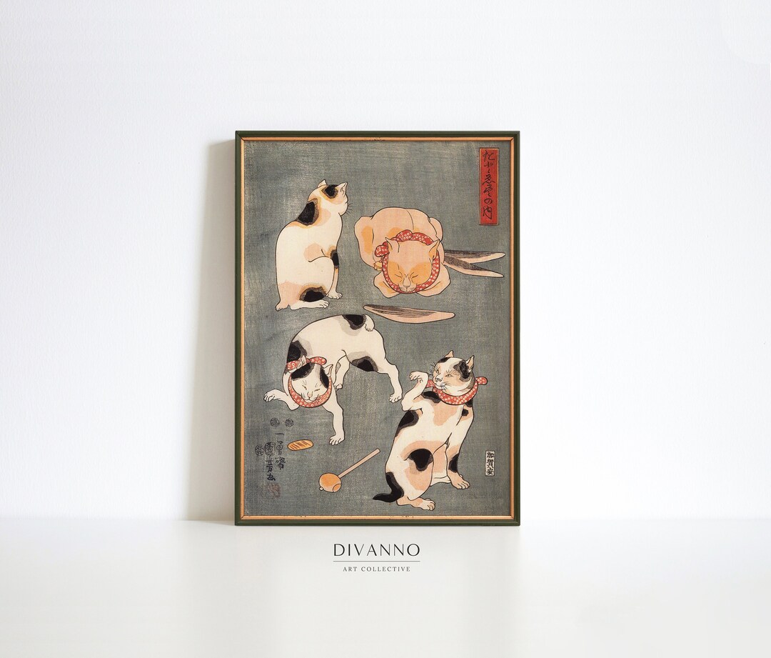 Japanese Cat Print, Cats Poses Printable, Japan Edo Wall Art, Kuniyoshi