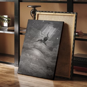 May include: A black and white illustration of a winged figure falling from the sky, surrounded by clouds. The figure is depicted with outstretched wings and a long, flowing robe. The background is a dark sky with stars.