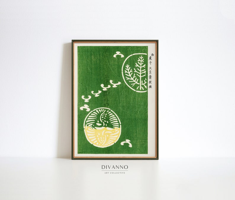 Japansk vintage grön väggdekor, måsposter, japansk kusttryck, Taguchi Tomoki, zeninspirerad modern väggkonst, minimalistisk bild 7