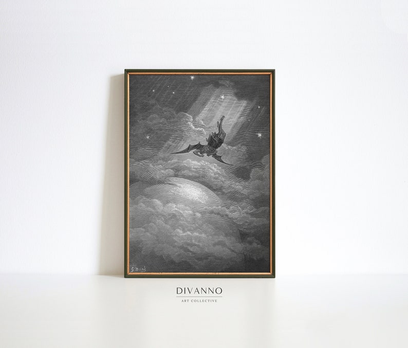 May include: A black and white illustration of a winged figure falling from the sky, surrounded by clouds and stars. The figure is depicted with outstretched wings and a long, flowing robe. The image is framed in a dark green frame.