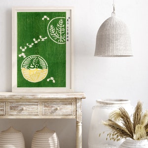 Japansk vintage grön väggdekor, måsposter, japansk kusttryck, Taguchi Tomoki, zeninspirerad modern väggkonst, minimalistisk bild 4