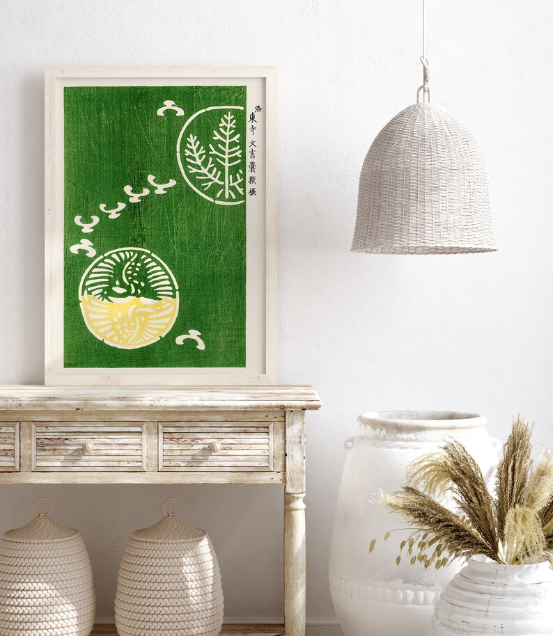 Japansk vintage grön väggdekor, måsposter, japansk kusttryck, Taguchi Tomoki, zeninspirerad modern väggkonst, minimalistisk bild 4