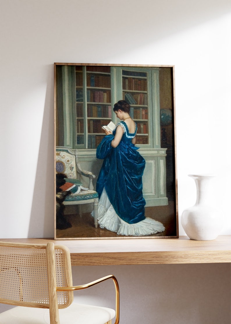 Porträtt av romantisk kvinna, viktoriansk dekor, elegant affisch, affisch med dam i blått, hobbycanvas, väggdekoration i bibliotek, giclée-tryck på konst bild 5