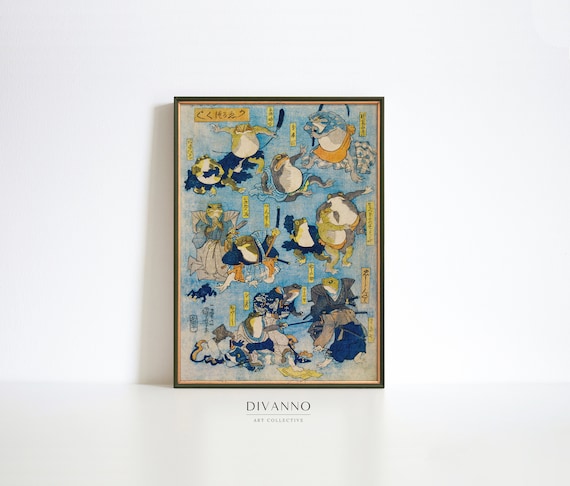 Samurai Frog Japanese Print, Funny Frogs Wall Art, Utagawa Kuniyoshi Kabuki Heroes Poster, Asian Art Decor, Animal Canvas, Oriental Interior