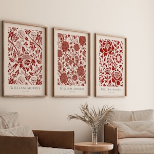 Set di 3 stampe William Morris, decorazioni murali botaniche, poster con motivi rossi vintage, tele retrò, decorazioni stampabili, set artistico di 3 pezzi, digitale