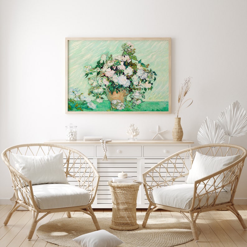 Van Gogh Roses Wanddekoration, romantisches Blumen Poster, rosa Rosen auf grüner botanischer Leinwand, Blumenfeinkunstdruck, Geschenk kultige Kunstreproduktion Bild 2